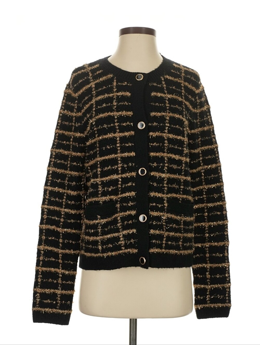 Talbots Black Gold Sparkle Tweed Button Cardigan Jacket Sweater Size S